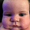 Theodore joined the competition — help win amazing prizes! baby, infant, child, face, portrait, close_up, eyes, nose, mouth, cheeks, blond_hair, fair_skin, serious_expression, looking_at_camera, indoor, warm_lighting, purple_lighting, photography, head, adorable