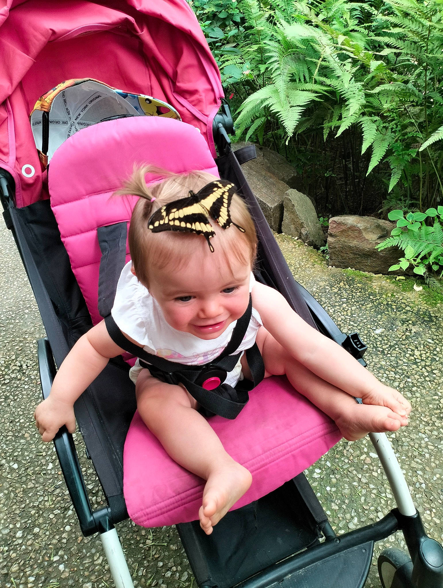 Léonie a rejoint le concours — aidez-le/la à gagner de superbes lots ! baby, baby_carriage, baby_products, baby_toddler_clothing, child, eyewear, grass, green, happy, joy, leisure, magenta, people_in_nature, person, pink, plant, recreation, sitting, smile, summer