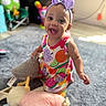 baby, child, smiling, headband, bow, colorful_dress, plush_toy, carpet, indoor, happy, cute, playful, person, infant, toy, floor, room, childhood, fun, portrait