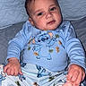 baby, child, pajamas, blue_clothing, cartoon_character, foot, hand, quilted_background, indoor, cute, infant, sitting, portrait, person, skin, head, face, expression, young_child, comfort