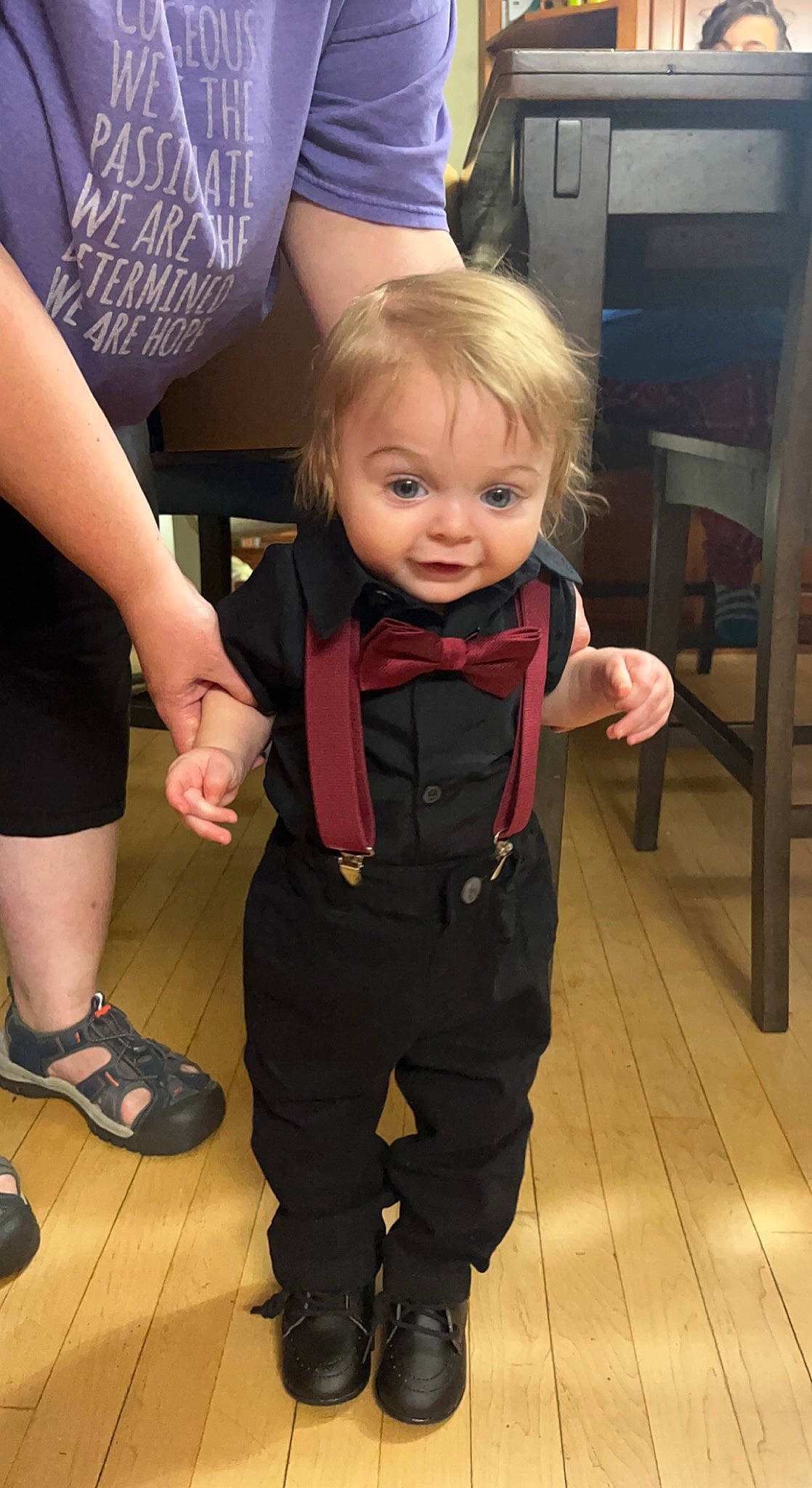 Micah joined the competition — help win amazing prizes! baby, blond, boot, child, event, face, flooring, fun, gesture, joint, leg, person, purple, shoe, skin, smile, snapshot, sneakers, sock, thumb