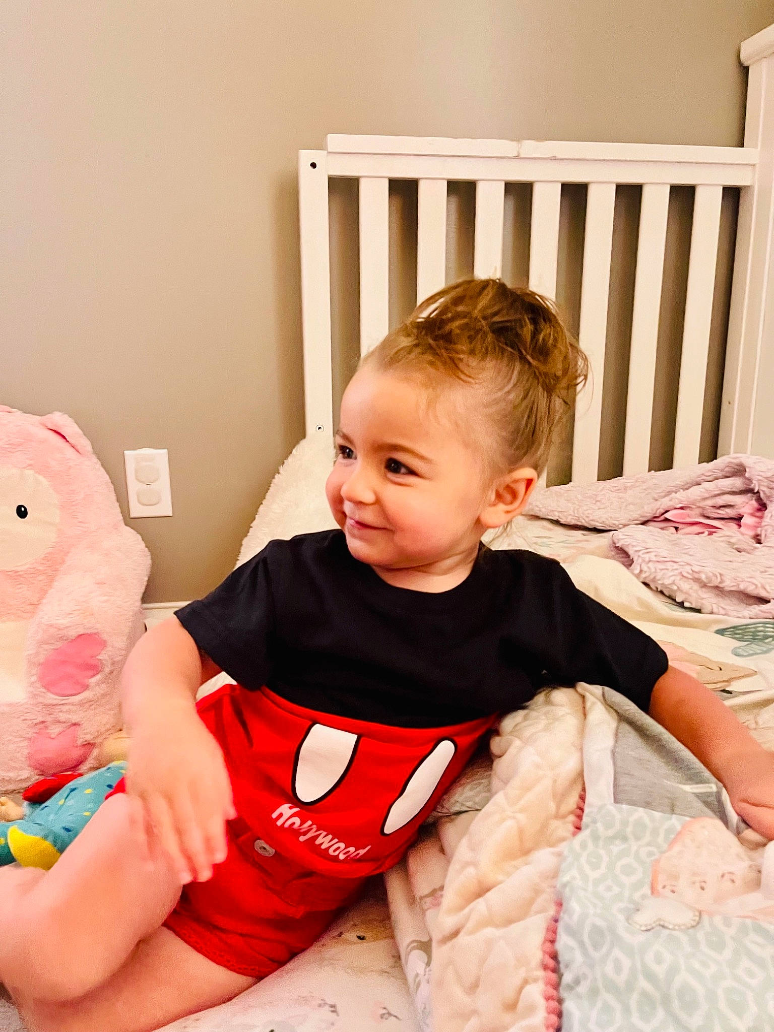 Freyja joined the competition — help win amazing prizes! baby, baby_toddler_clothing, child, comfort, fun, happy, human_leg, joy, linens, pattern, person, pink, product, shorts, sitting, skin, sleeve, smile, t_shirt, textile