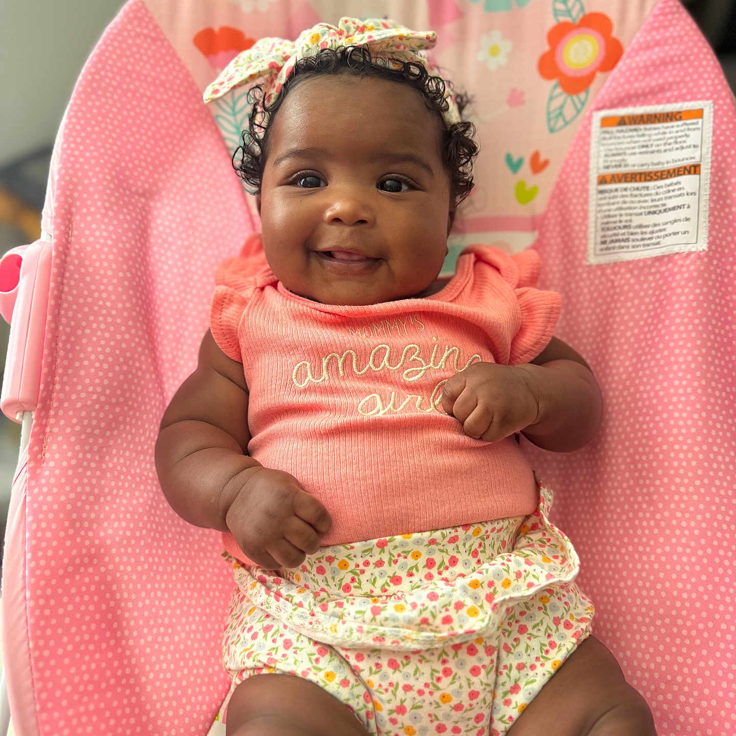 Zuri joined the competition — help win amazing prizes! baby, bow, chair, child, clothing, cute, floral, furniture, girl, happy, headband, indoors, infant, person, pink, polka_dot, portrait, sitting, skin, smiling