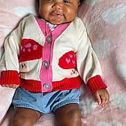 Reagan is registered to the contest to win money with this photo: baby, infant, child, smiling, hair_bows, cardigan, mushroom_pattern, denim_shorts, pink_blanket, heart_pattern, cute, lying_down, soft_texture, cheeks, skin, hand, legs, shoes, indoors, portrait