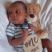 Taige is registered to the contest to win money with this photo: baby, bed, child, comfort, cozy, cute, face, hand, indoor, infant, lying_down, newborn, onesie, portrait, skin, soft_toys, striped_clothing, teddy_bear, white_bed, wooden_sign