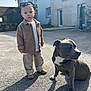 Kaïs a rejoint le concours — aidez-le/la à gagner de superbes lots ! toddler, child, dog, outdoor, pavement, building, sunlight, shadow, casual_clothing, jacket, sunglasses, shoes, pet, animal, curious, quiet, daytime, residential_area, person, portrait