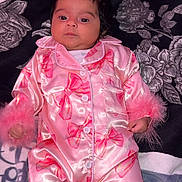 Zeynep is registered to the contest to win money with this photo: baby, infant, pink_pajamas, bows, fluffy_cuffs, blanket, patterned_blanket, face, person, lying_down, indoors, cute, child, sleepwear, young_child, portrait, soft_texture, comfort, resting, newborn