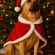 Savane a rejoint le concours — aidez-le/la à gagner de superbes lots ! dog, christmas_tree, santa_hat, santa_cloak, holiday, festive, pet, canine, decorations, ornaments, lights, seasonal, fluffy_snow, brown_dog, portrait, indoor, celebration, cute, costume, animal