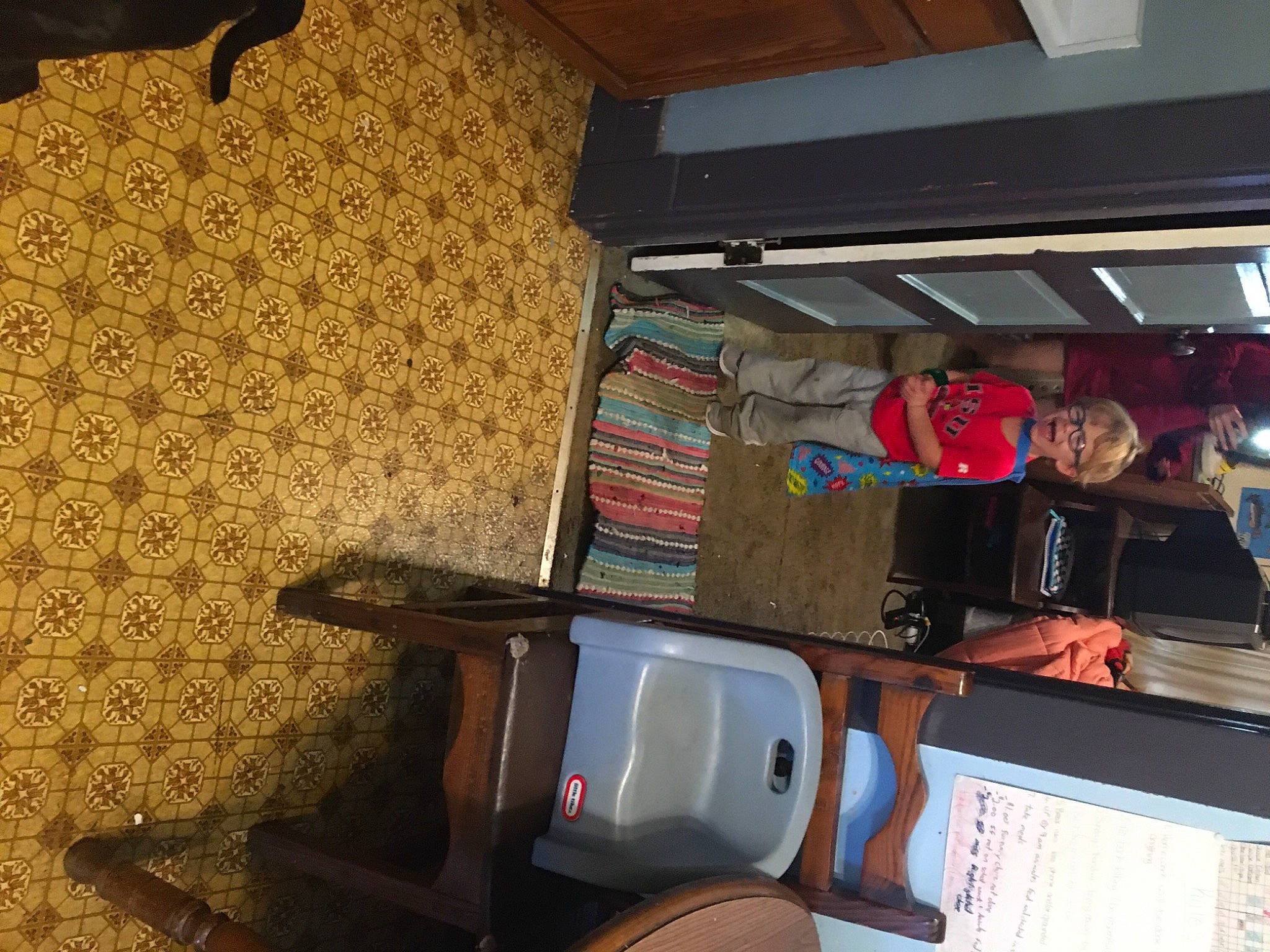 Finley joined the competition — help win amazing prizes! building, ceiling, flooring, fun, hardwood, hat, home_appliance, kitchen, person, room, shelf, shelving, table, wood