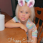 Anslie Rector is registered to the contest to win money with this photo: blonde_hair, bunny_ears_filter, carpet, child, child_interior, child_leaning, cute, digital_filter, doorway, easter, face_filter, fun, happy_easter_text, home, indoor, playful_expression, striped_clothing, table, wooden_chair, wooden_furniture