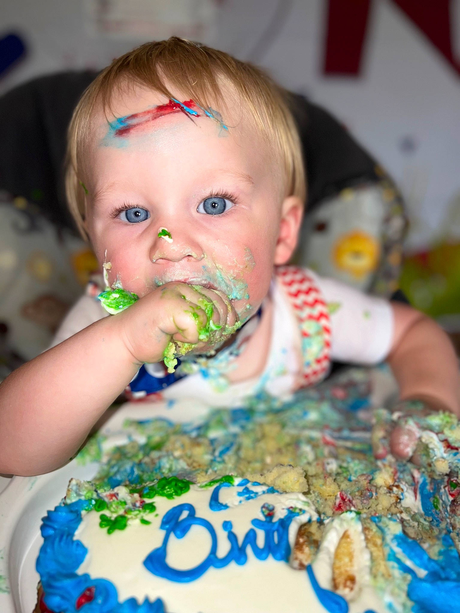 Cayman joined the competition — help win amazing prizes! baby, birthday, birthday_cake, buttercream, cake, cake_decorating, cake_decorating_supply, cheek, child, cuisine, dress, facial_expression, food, fun, happy, iris, mouth, person, skin, sugar_cake