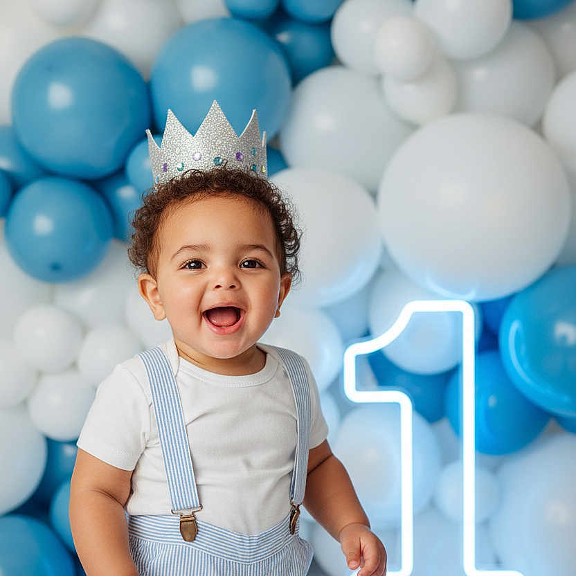 Azrah is registered to the contest to win money with this photo: toddler, child, baby, crown, birthday, celebration, balloons, blue, white, smiling, happy, neon, number_one, suspenders, striped, shorts, white_shirt, portrait, indoor, festive