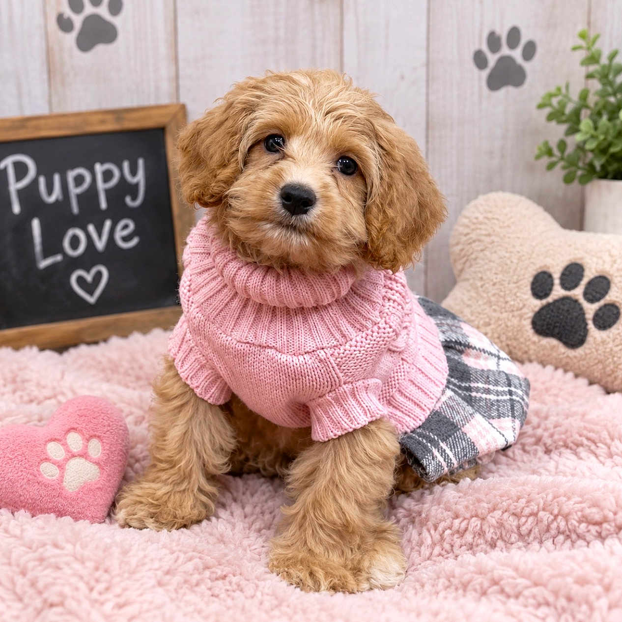 Princess Nugget is registered to the contest to win money with this photo: puppy, dog, curly_fur, brown_fur, pink_sweater, plaid_clothing, pet, portrait, sitting, indoor, blanket, pink_blanket, paw_print, pillow, stuffed_toy, chalkboard, plant, cozy, cute, fashionable