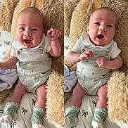 Albie is registered to the contest to win money with this photo: baby, infant, child, cute, smiling, overalls, socks, teddy_bear, pillow, bed, blanket, happy, portrait, young, hands, feet, collar, fabric, cuddly, soft