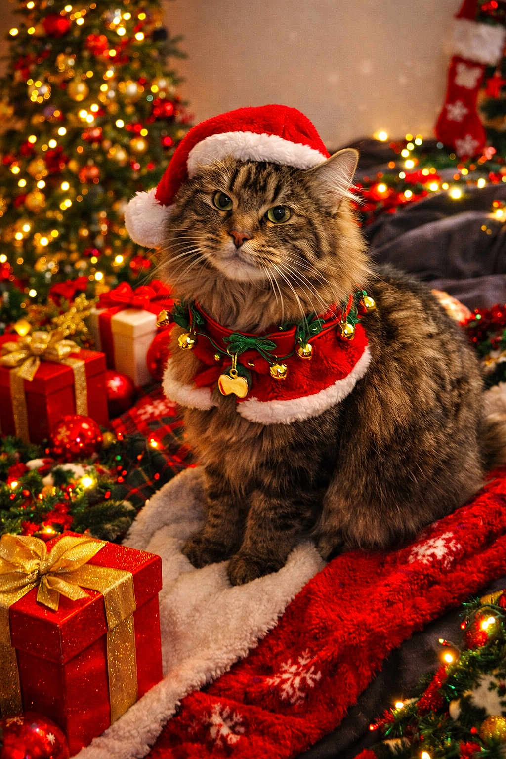 Jasper joined the competition — help win amazing prizes! cat, tabby, christmas_hat, holiday_lights, christmas_tree, gift_boxes, festive, red_blanket, jingle_bells, cozy, decorations, indoor, cute, pet, seasonal, celebration, ornaments, warm_lighting, holiday_spirit, fur