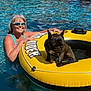 Rocky joined the competition — help win amazing prizes! woman, dog, pool, swimming, inner_tube, yellow, water, sunglasses, rock_wall, backyard, summer, sunny, float, pet, happy, outdoor, leisure, swimsuit, canine, fun
