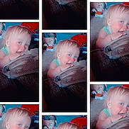 Mikia joined the competition — help win amazing prizes! baby, child, indoor, bag, chewing, blue_eyes, clothing, toy, clown_doll, hair, smiling, portrait, multiple_images, collage, furniture, cushion, person, happy, cute, playful