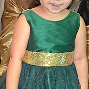 Frankie is registered to the contest to win money with this photo: child, girl, crown, dress, green_dress, gold_belt, smile, party, celebration, indoor, person, young_child, festive, happy, portrait, event, table, water_bottle, people, hairstyle