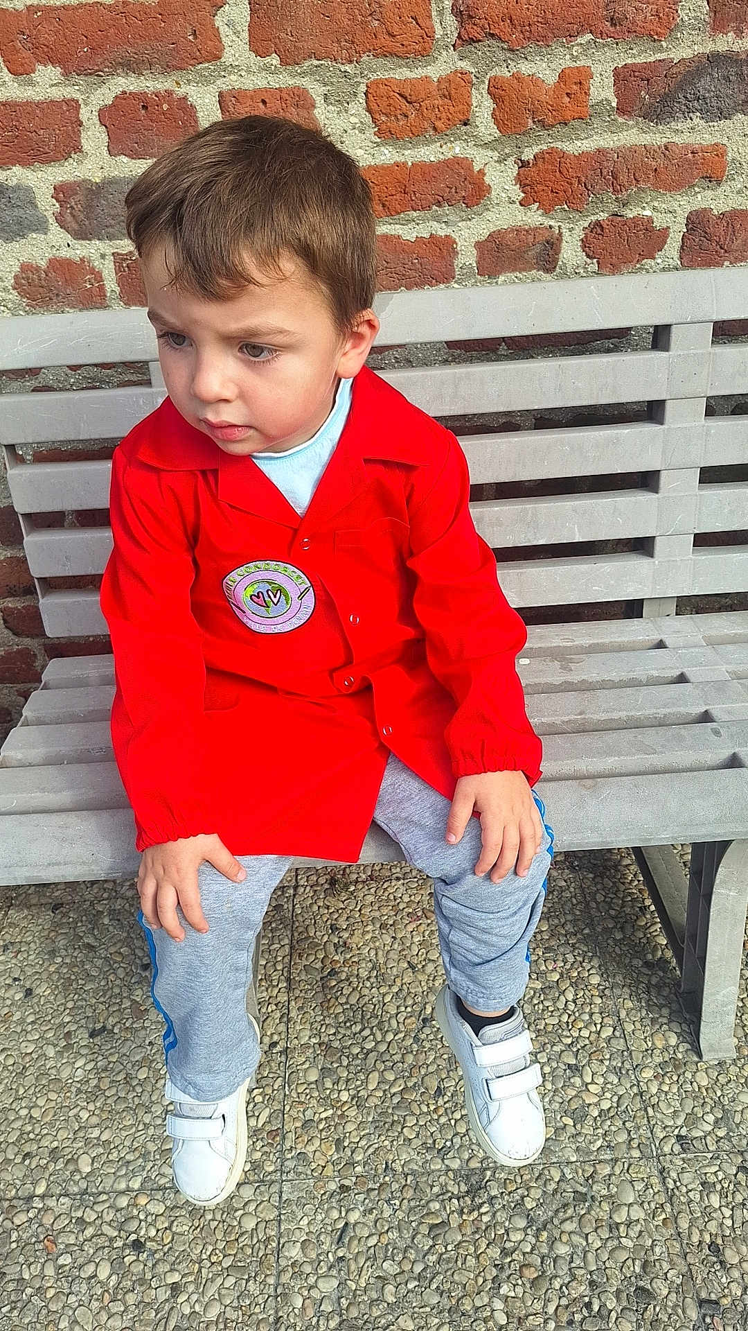 Tony participe au concours pour gagner de l'argent avec cette photo : child, boy, red_jacket, gray_pants, white_sneakers, bench, brick_wall, outdoor, pebbled_ground, casual_clothing, portrait, sitting, daylight, curious_expression, short_hair, young_child, footwear, person, street_style, relaxed_pose