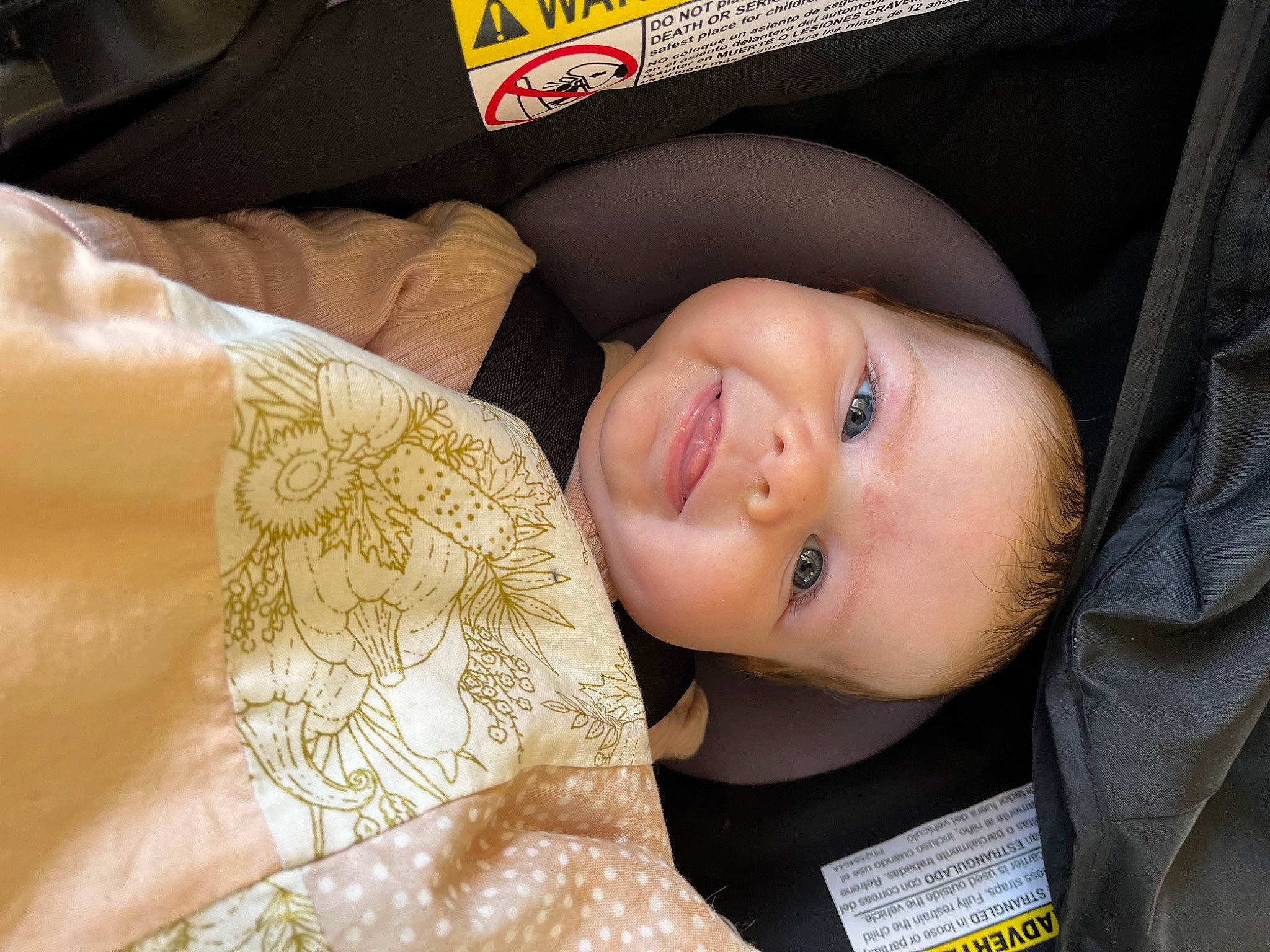 Alaina is registered to the contest to win money with this photo: auto_part, automotive_wheel_system, bedding, car_seat, child, comfort, couch, flash_photography, flesh, grass, happy, hat, human_leg, joy, linens, pattern, person, portrait_photography, skin, smile