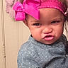 Serenity is registered to the contest to win money with this photo: toddler, child, headband, pink_bow, blue_shirt, polka_dot, curly_hair, indoor, door, purple_towel, expression, cute, portrait, person, baby, fashion, funny_face, skin, arm, casual_clothing