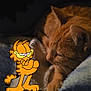 cat, ginger_cat, sleeping, blanket, cozy, soft_texture, indoor, pet, feline, cartoon, digital_sticker, garfield, orange, fur, whiskers, relaxing, cute, animal, companion, resting
