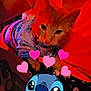 affection, animated_character, cat, close_up, companion, cozy, cute, cute_animal, hearts, indoor, orange_cat, orange_shirt, pajamas, person, pet, red_tint, snuggling, soft_focus, stitch, warm_lighting