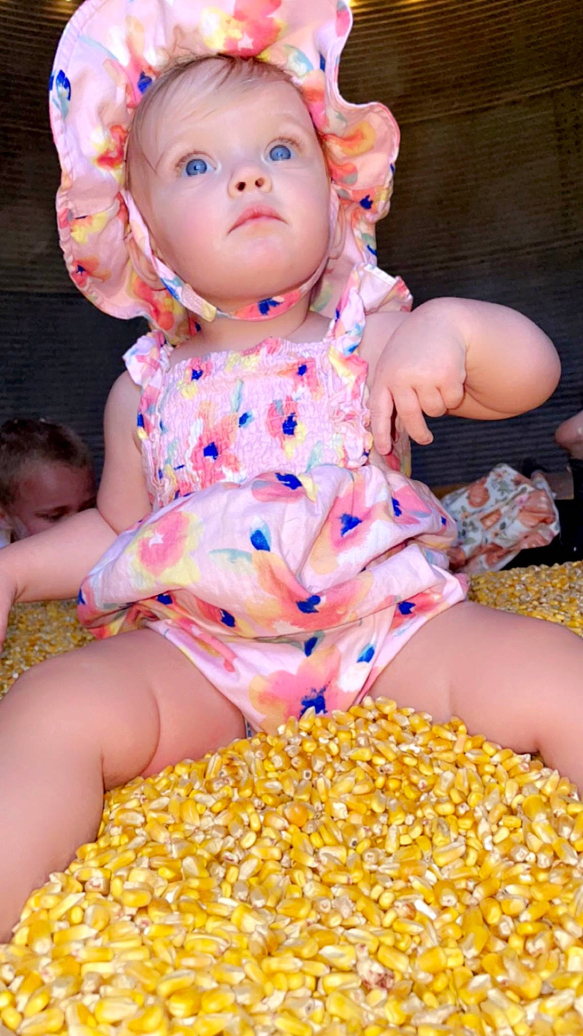 Presley is registered to the contest to win money with this photo: baby_toddler_clothing, cheek, child, doll, dress, fun, head, ingredient, natural_foods, orange, pattern, peach, people, person, pink, sitting, skin, toddler, toy, white