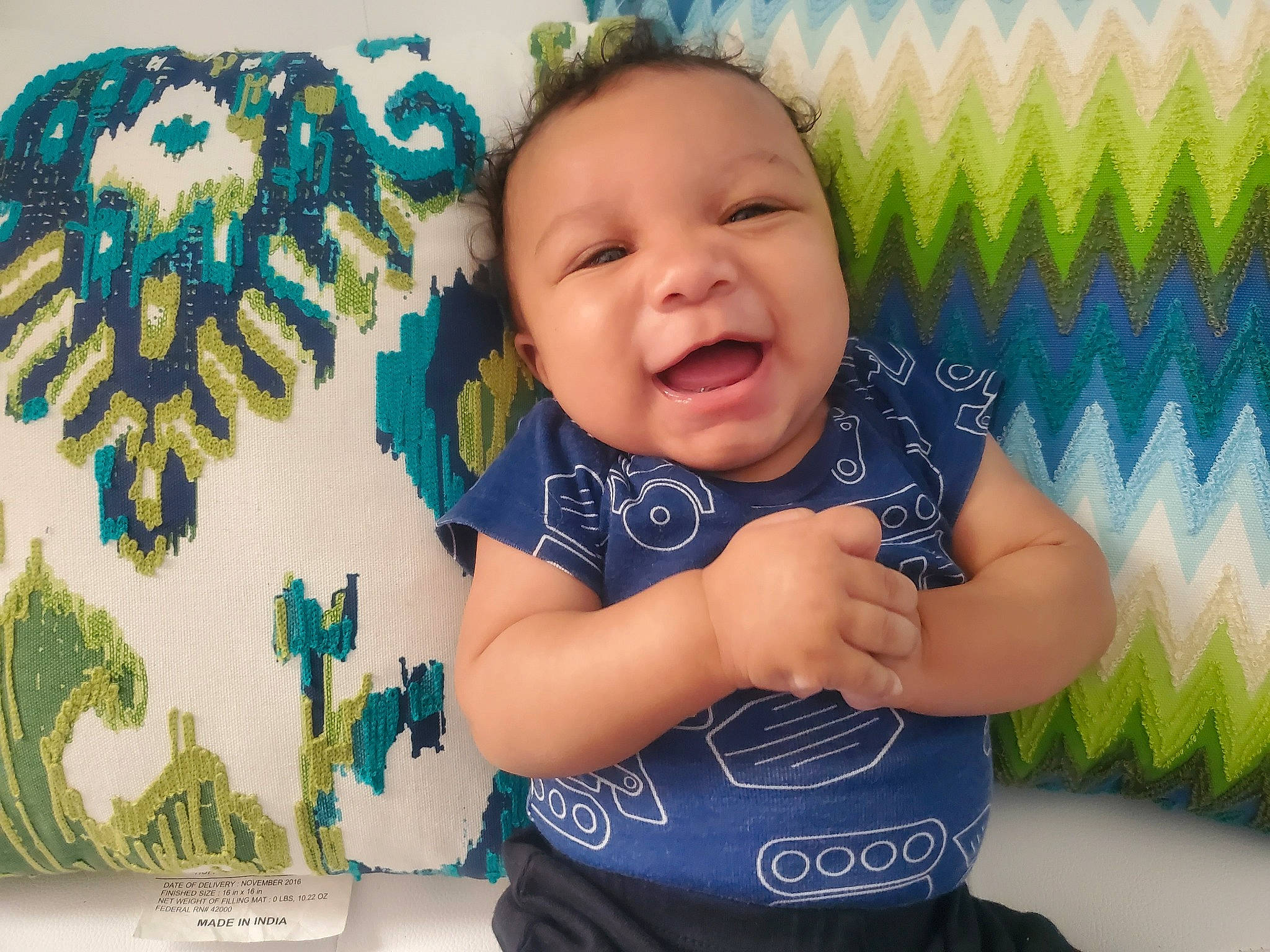Levi joined the competition — help win amazing prizes! azure, baby, baby_laughing, baby_products, baby_toddler_clothing, cheek, child, electric_blue, eye, finger, happy, iris, pattern, people_in_nature, person, skin, sleeve, smile, t_shirt, textile