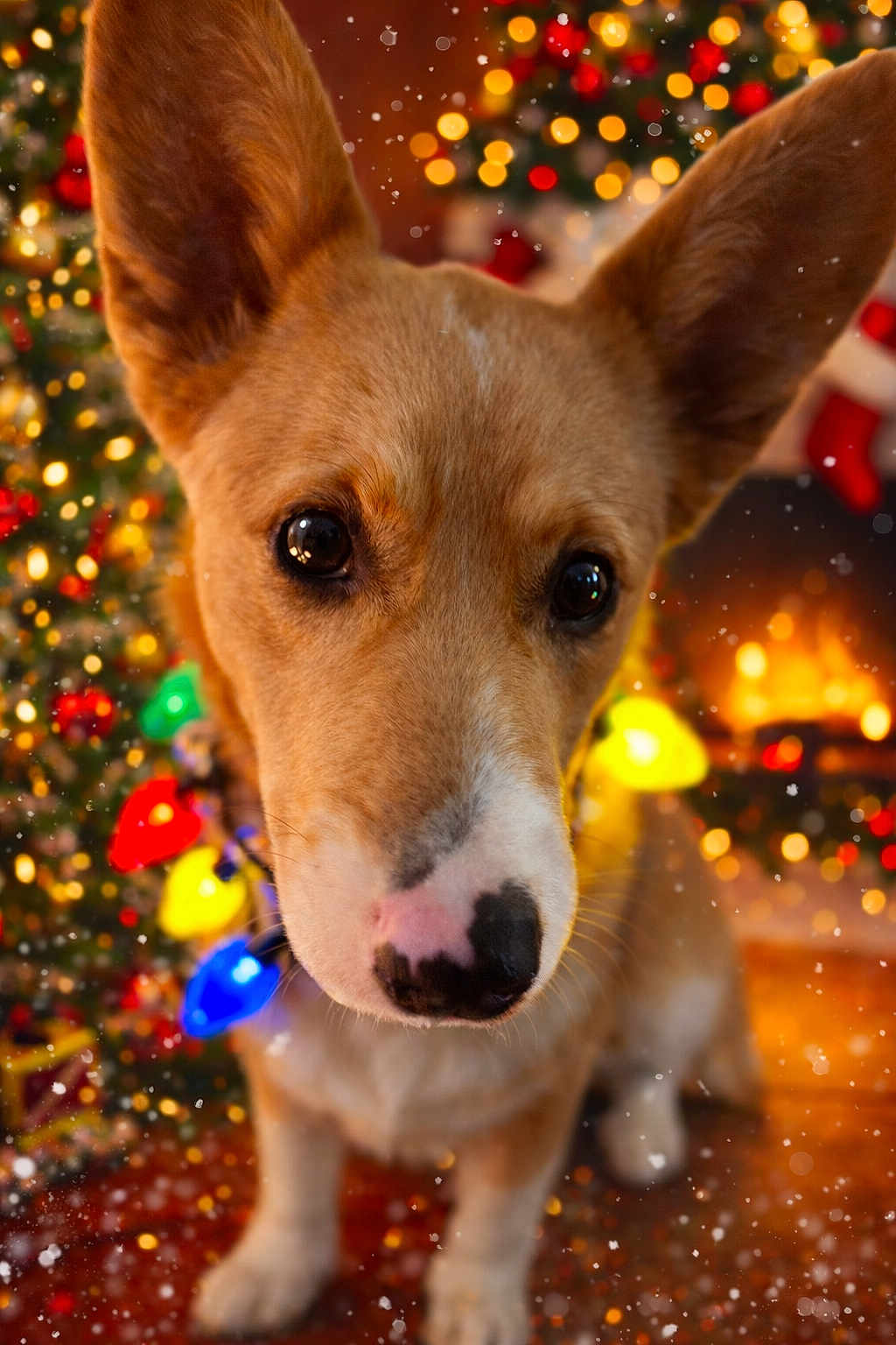 Lottie is registered to the contest to win money with this photo: dog, puppy, close_up, christmas_tree, holiday_lights, fireplace, indoors, decorations, festive, warm_lighting, ears, cute, winter, snow_effect, brown_fur, black_nose, holiday_season, christmas_decor, animal, pet