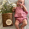 baby, infant, child, flower, basket, plaid_clothing, gingham, milestone, wooden_plaque, laying_down, soft_fabric, cute, smiling, skin, legs, arms, hand, natural_light, indoor, portrait