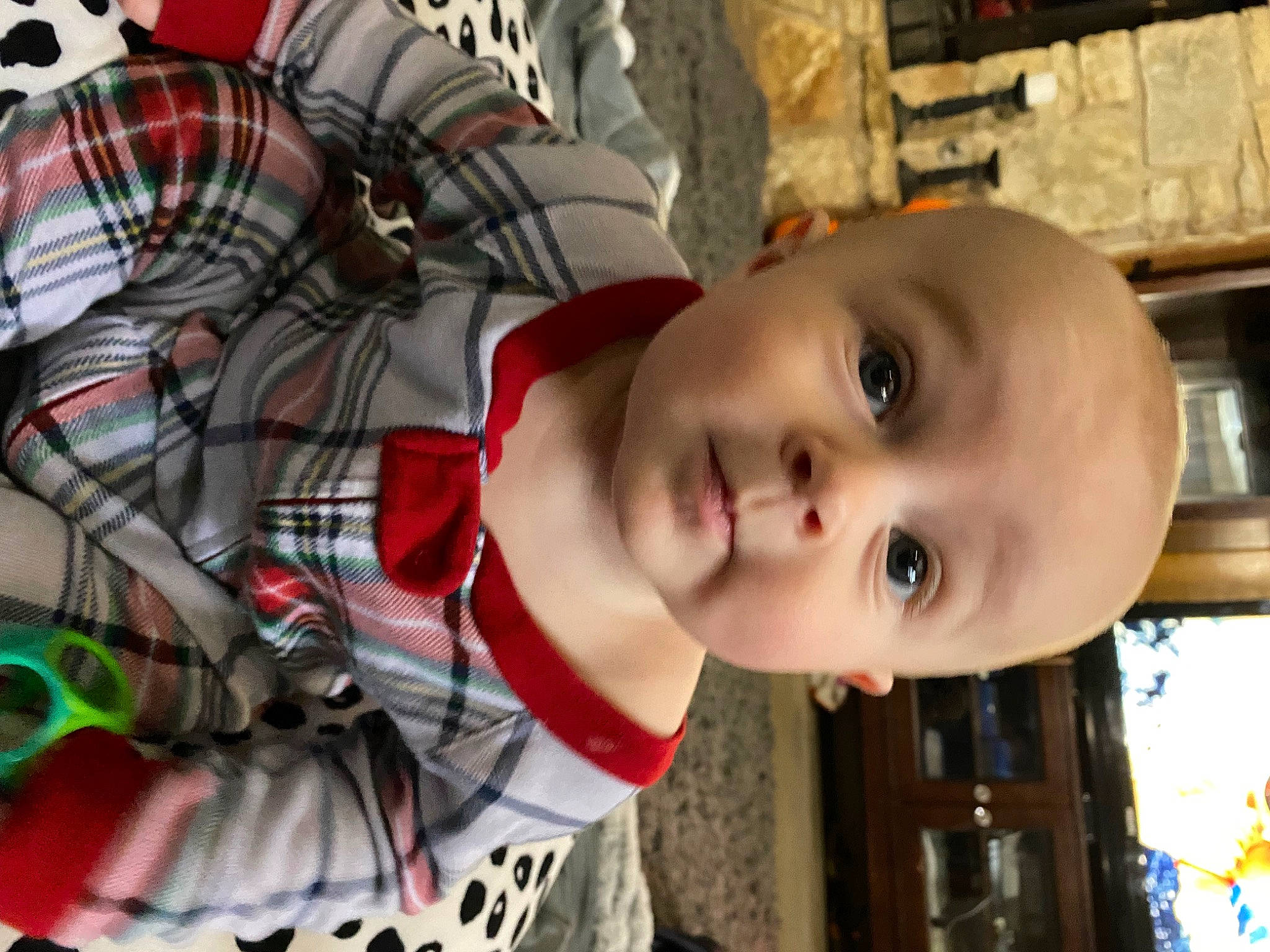 Travis is registered to the contest to win money with this photo: baby, baby_toddler_clothing, cheek, child, eye, fun, happy, head, mouth, nose, pattern, people, person, plaid, plant, skin, smile, tartan, toddler, tree