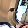 Tinka is registered to the contest to win money with this photo: car_interior, person, dog, window, seat, curious, black_and_tan, pet, animal, relaxed, headband, leather_seat, sky, rear_window, candid, looking, companion, casual, indoors, travel