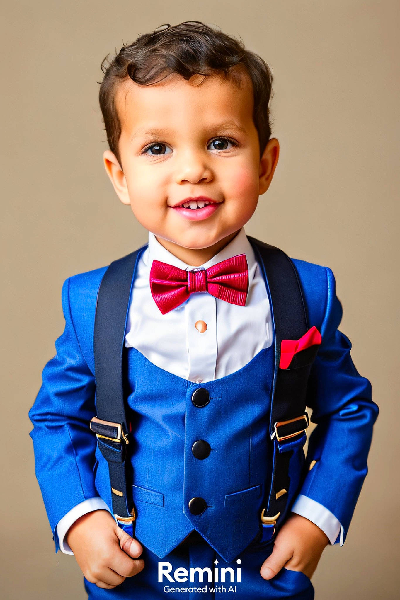 Jaxton is registered to the contest to win money with this photo: baby_toddler_clothing, blazer, bow_tie, button, collar, denim, dress_shirt, electric_blue, face, formal_wear, gesture, happy, joy, neck, outerwear, person, school_uniform, sleeve, smile, tie