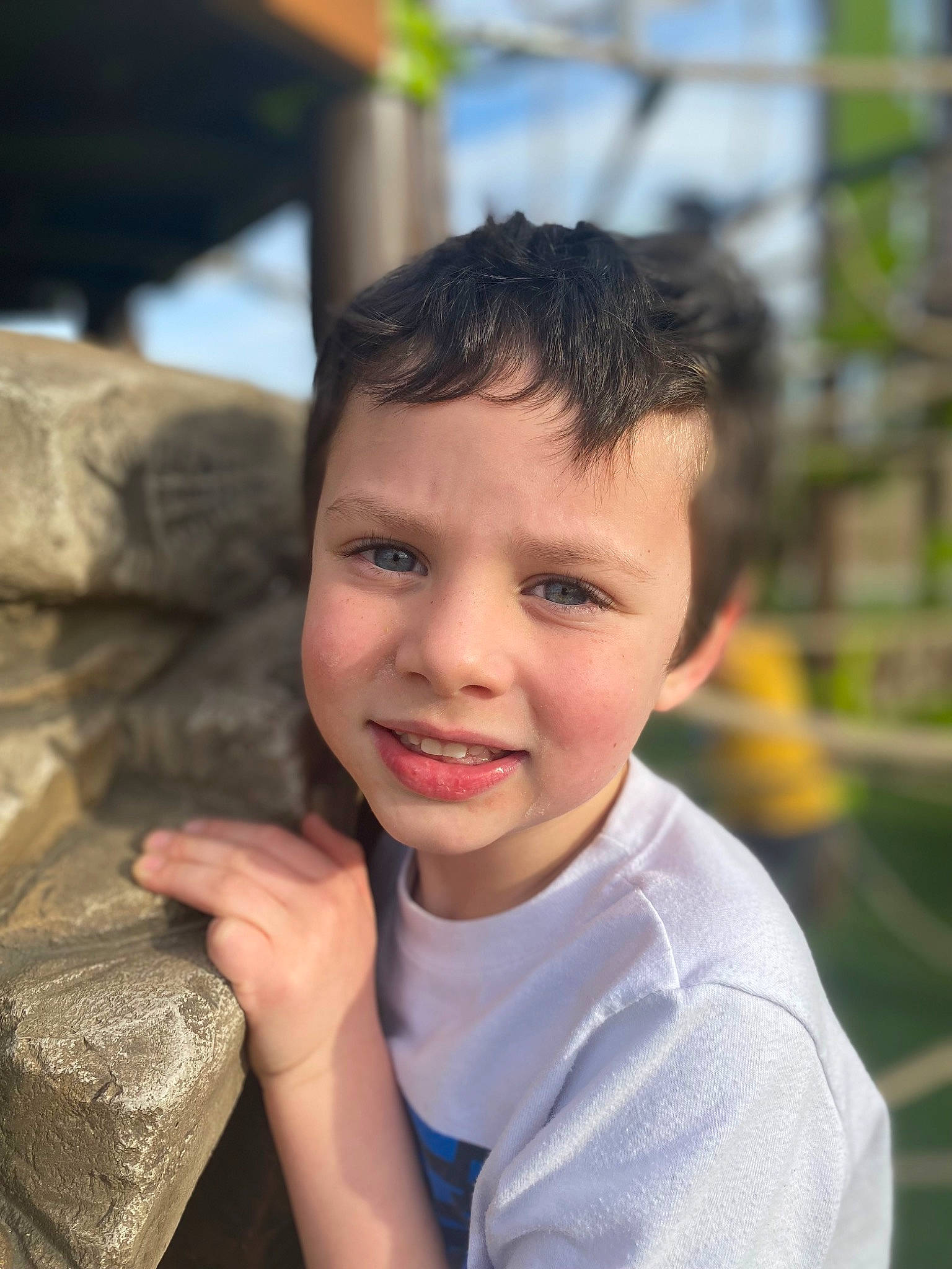 Greyson joined the competition — help win amazing prizes! child, eye, face, flash_photography, fun, grass, happy, joy, laugh, leisure, person, plant, portrait_photography, recreation, rock, sitting, smile, t_shirt, toddler, tourism