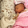 newborn, baby, sleeping, blanket, pink, plush_toy, pillow, soft_texture, infant, resting, cute, child, cozy, indoor, peaceful, wrapped, comfort, toddler, portrait, nursery