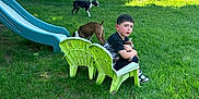 Elliot joined the competition — help win amazing prizes! child, boy, green_chair, plush_toy, dog, slide, grass, backyard, shed, window, fence, outdoor, summer, daylight, toy, pet, play, welcome_sign, casual_clothing, nature