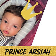 Prince Arsiah joined the competition — help win amazing prizes! baby, child, face, portrait, crown_graphic, text_overlay, cushion, striped_clothing, closeup, indoor, soft_lighting, cute, young_child, head_support, pink_background, glitter_texture, large_eyes, curly_hair, resting, adorable