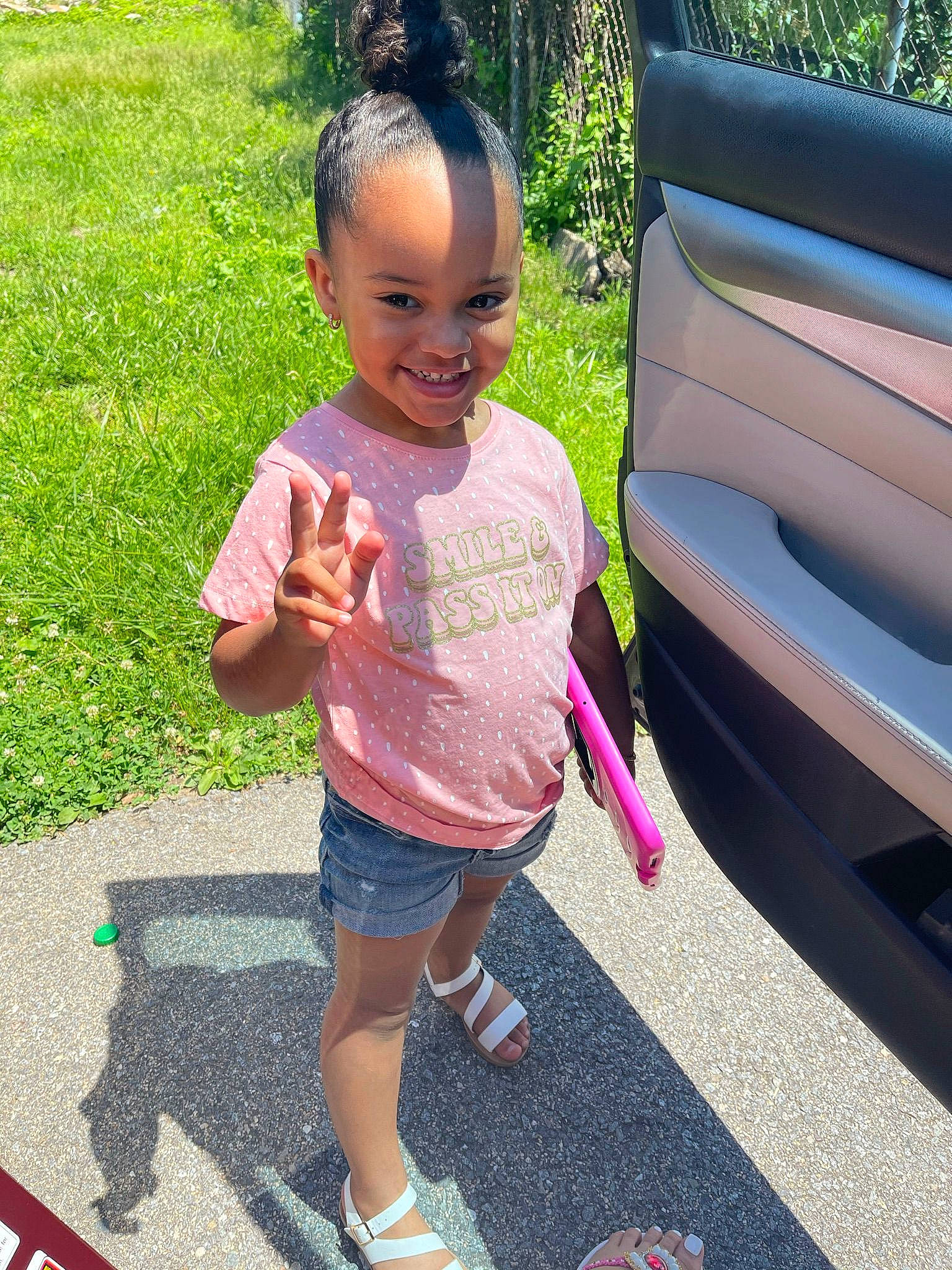 Amahia joined the competition — help win amazing prizes! asphalt, cool, facial_expression, fun, grass, hairstyle, happy, joy, leisure, person, photograph, pink, plant, recreation, shoe, shorts, smile, sneakers, standing, toddler