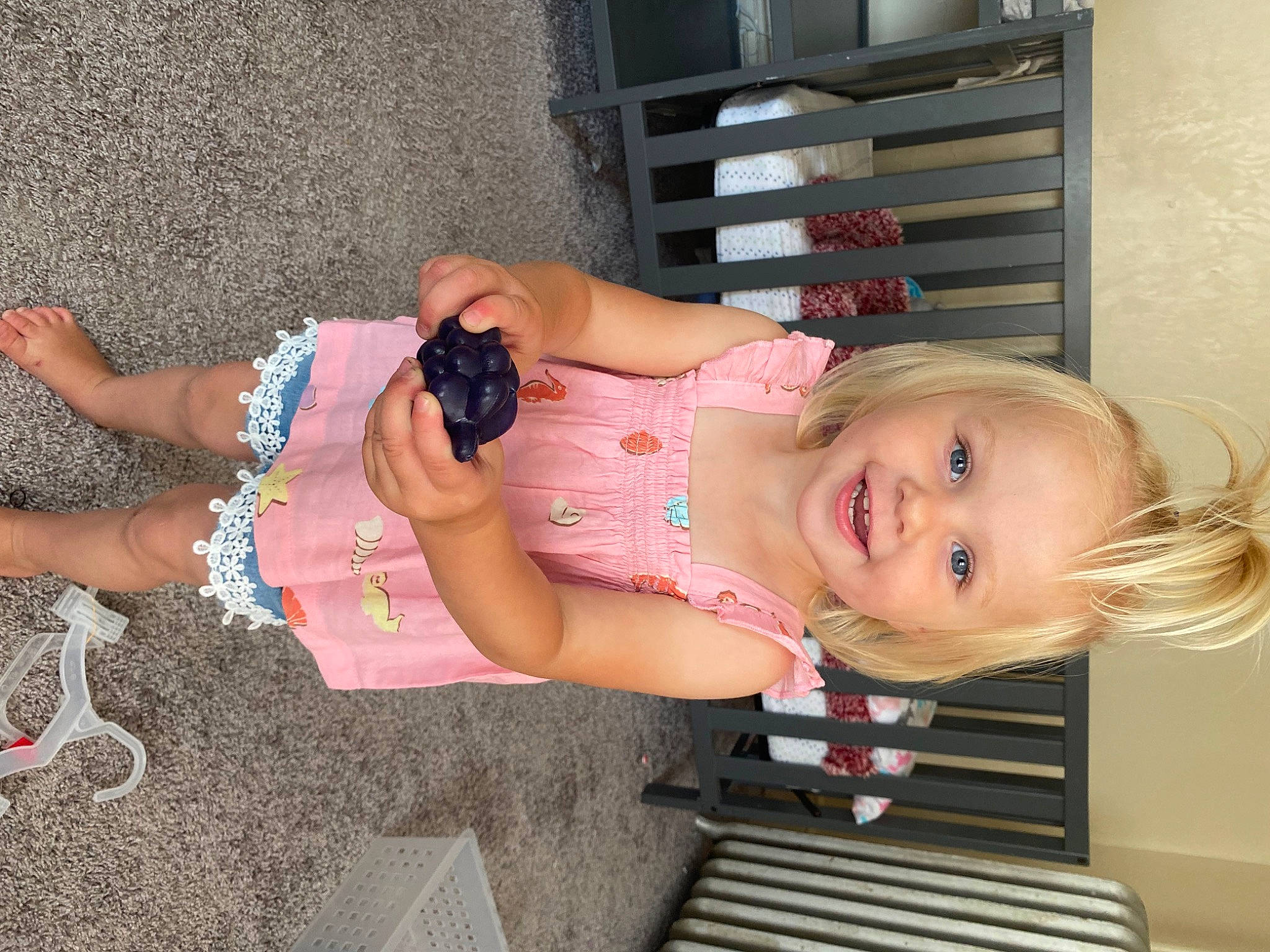 Averi joined the competition — help win amazing prizes! baby, baby_products, baby_toddler_clothing, child, dress, foot, fun, happy, human_leg, joy, nail, pattern, person, shelf, sitting, skin, smile, thigh, toddler, vacation