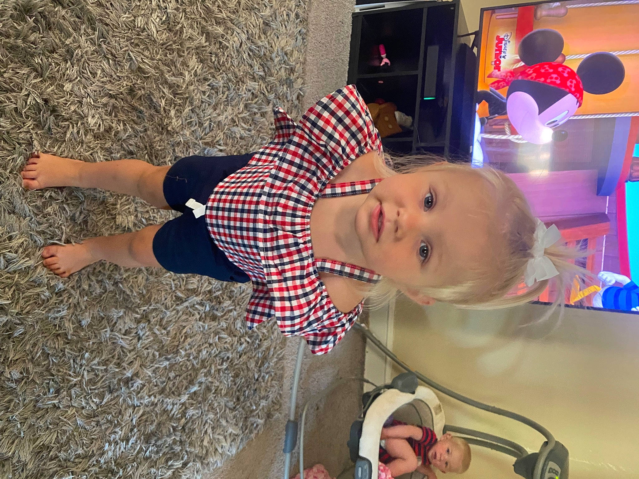 Averi joined the competition — help win amazing prizes! baby, baby_toddler_clothing, child, electric_blue, eyewear, fun, happy, hat, human_leg, leisure, machine, pattern, person, play, recreation, smile, standing, sunglasses, t_shirt, toddler