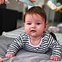 Alba participe au concours pour gagner de l'argent avec cette photo : baby, infant, child, striped_shirt, blue_eyes, plush_toys, soft_blanket, drool, cute, indoors, mobile_toys, face, hands, lying_down, curious, closeup, person, clothing, furniture, background_blur
