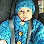 Baptiste a rejoint le concours — aidez-le/la à gagner de superbes lots ! baby, child, blue_knitted_sweater, blue_hat, car_seat, seatbelt, wide_eyes, face, knitting, buttons, indoor, person, infant, warm_clothing, portrait, cute, child_seat, safety, closeup, expression