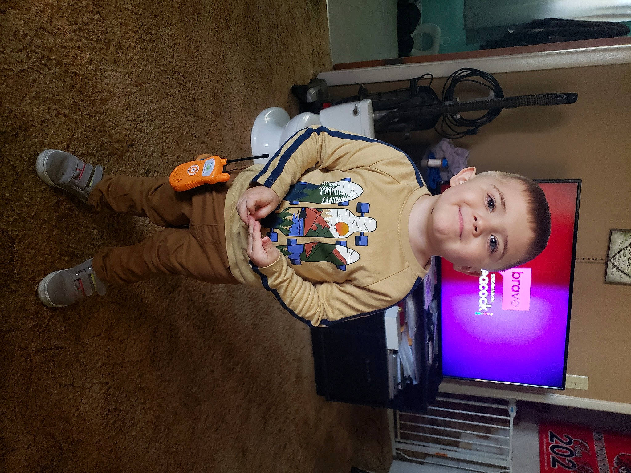 Damon joined the competition — help win amazing prizes! baby, baby_products, baby_toddler_clothing, child, display_device, flooring, fun, home_appliance, joy, machine, person, room, smile, television, television_set, tire, toddler