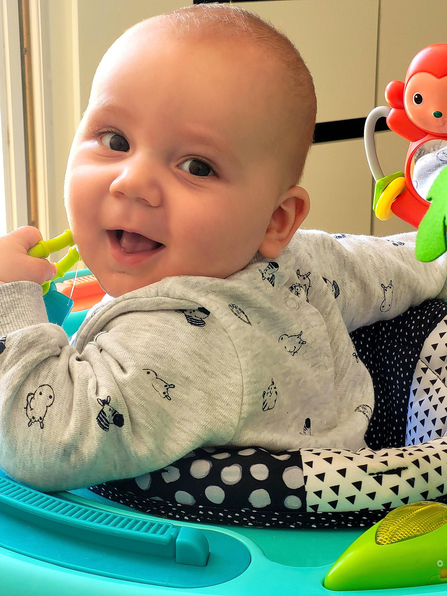 Ethan participe au concours pour gagner de l'argent avec cette photo : arm, baby, baby_playing_with_toys, baby_toddler_clothing, cheek, comfort, facial_expression, finger, fun, green, happy, iris, organ, people, person, skin, sleeve, smile, toddler, toy