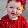 baby, blue_eyes, bow, cheeks, child, closeup, cozy, curly_hair, cute, face, fashion, happy, headband, infant, knitwear, outdoor, portrait, red_sweater, smile, warm