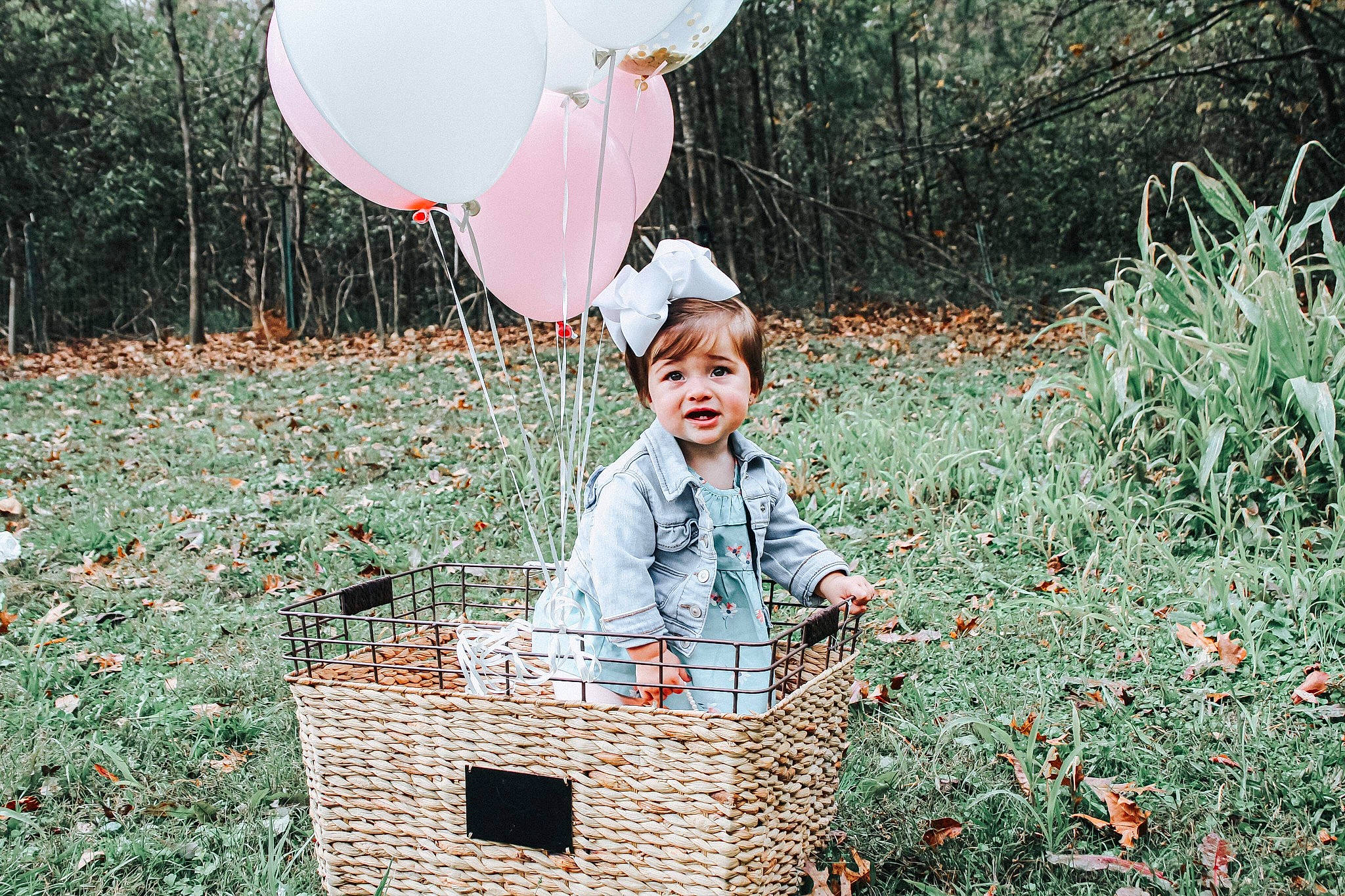 Mattie joined the competition — help win amazing prizes! baby, balloon, basket, brick, party_supply, people_in_nature, person, sorrow, storage_basket, wicker