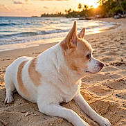 Bella participe au concours pour gagner de l'argent avec cette photo : dog, beach, sand, sunset, ocean, water, sky, clouds, animal, pet, outdoor, nature, calm, relaxation, tropical, paw, fur, portrait, sunlight, coast