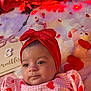 Leylani is registered to the contest to win money with this photo: baby, infant, headband, red_bow, hearts, valentine, stuffed_bear, balloons, faux_fur_blanket, month_sign, pink_gingham_outfit, portrait, closeup, eyes, smile, props, decorative_lights, rose, cozy, celebration