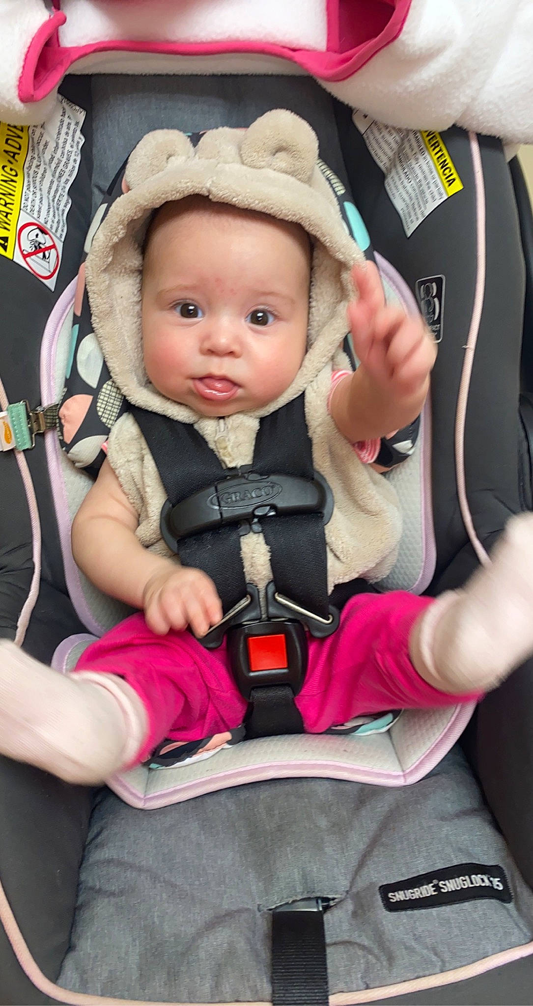 Elodie joined the competition — help win amazing prizes! arm, baby, baby_carriage, baby_in_car_seat, baby_products, baby_safety, baby_toddler_clothing, car_seat, cheek, child, comfort, finger, gesture, hand, happy, headwear, person, pink, seat_belt, sitting